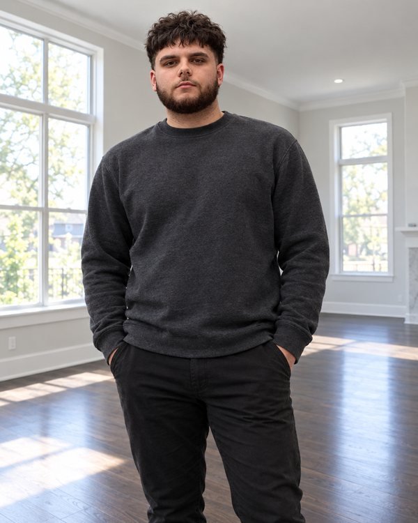 Harris Sembhi standing in a freshly finished living room with new hardwood floors
