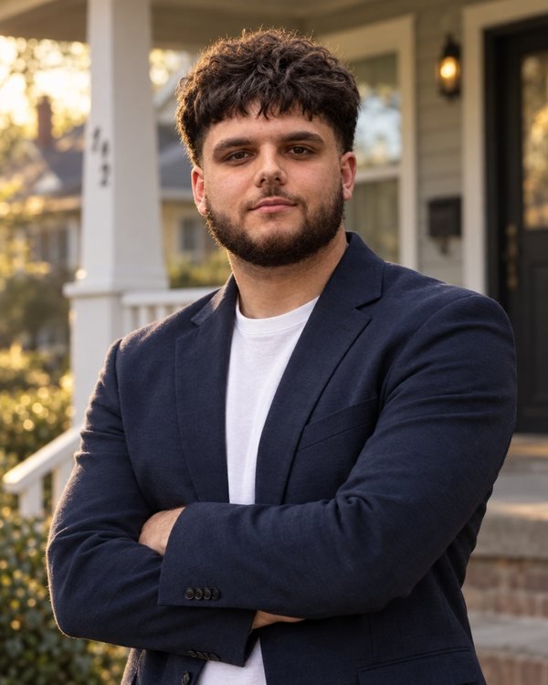 Harris Sembhi standing on the porch of a house, arms crossed