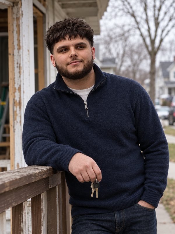 Harris Sembhi leaning on a porch railing holding a set of house keys