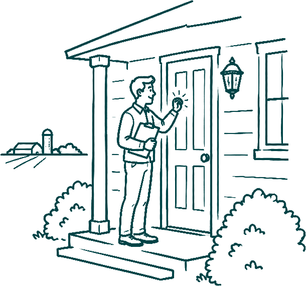 Line drawing of Harris knocking on the front door with a clipboard