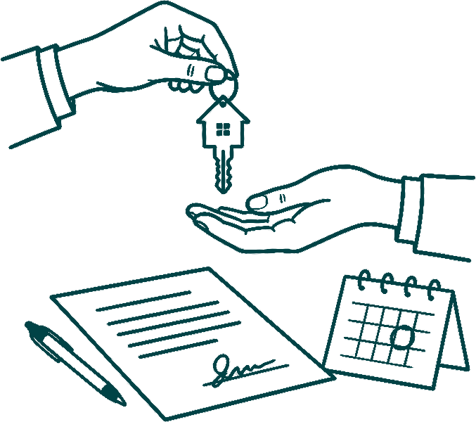 Line drawing of a house key handed over a signed document next to a calendar